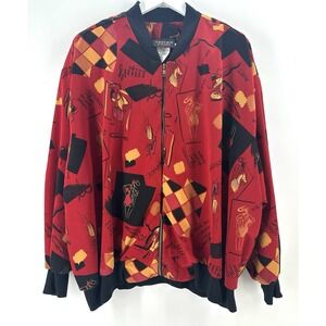 VTG 80s‎ Cascais Of California Silky Jacket Zip Up Red Graphic Print S1033